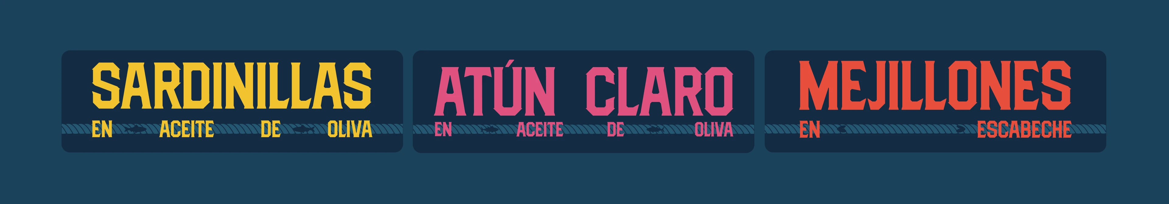 Diseño tipográfico lateral de las latas con letras de colores sobre fondo azul oscuro