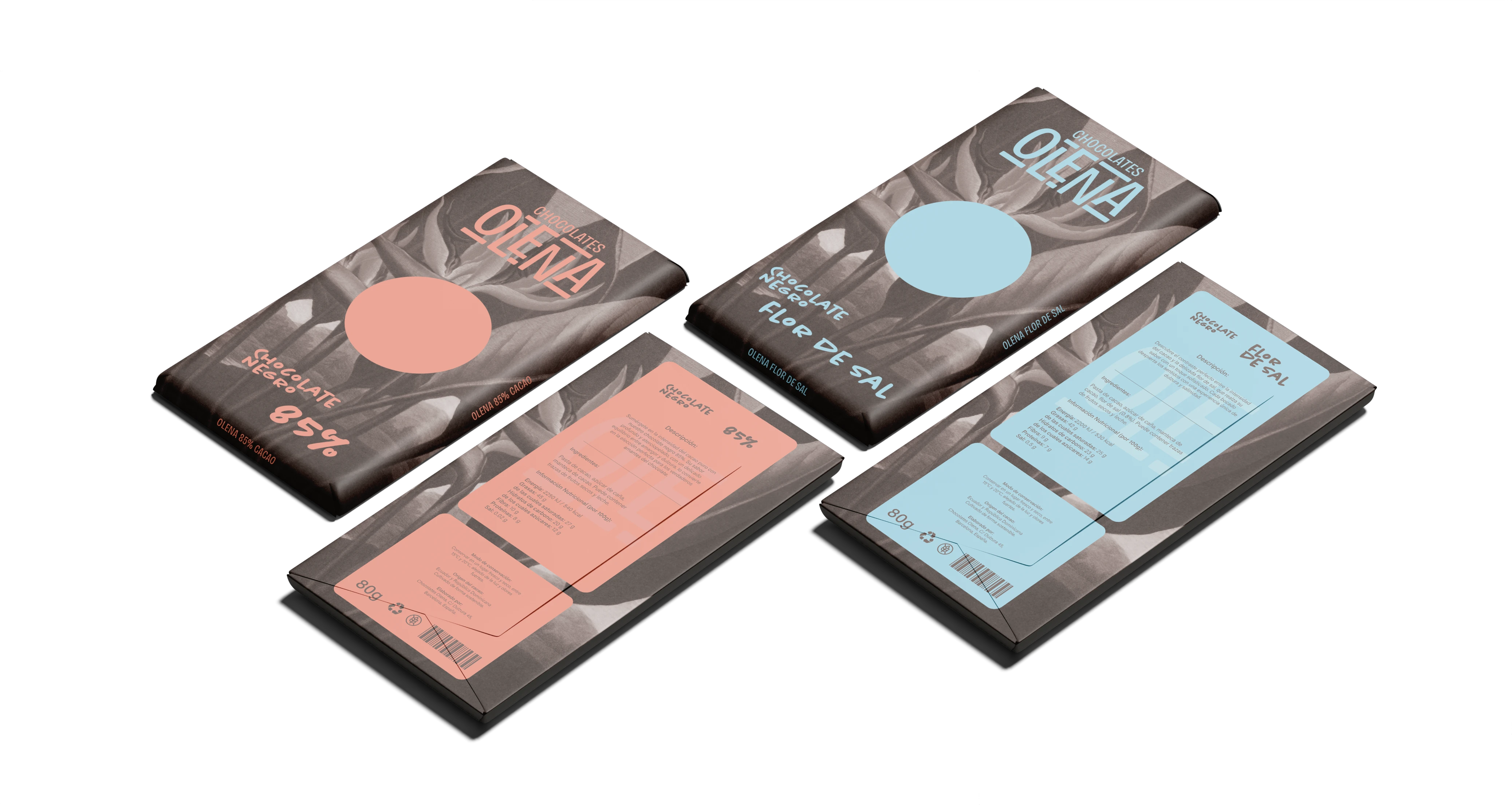 Vista superior y trasera de cuatro tabletas de chocolate con diseño en tonos grises y detalles de color