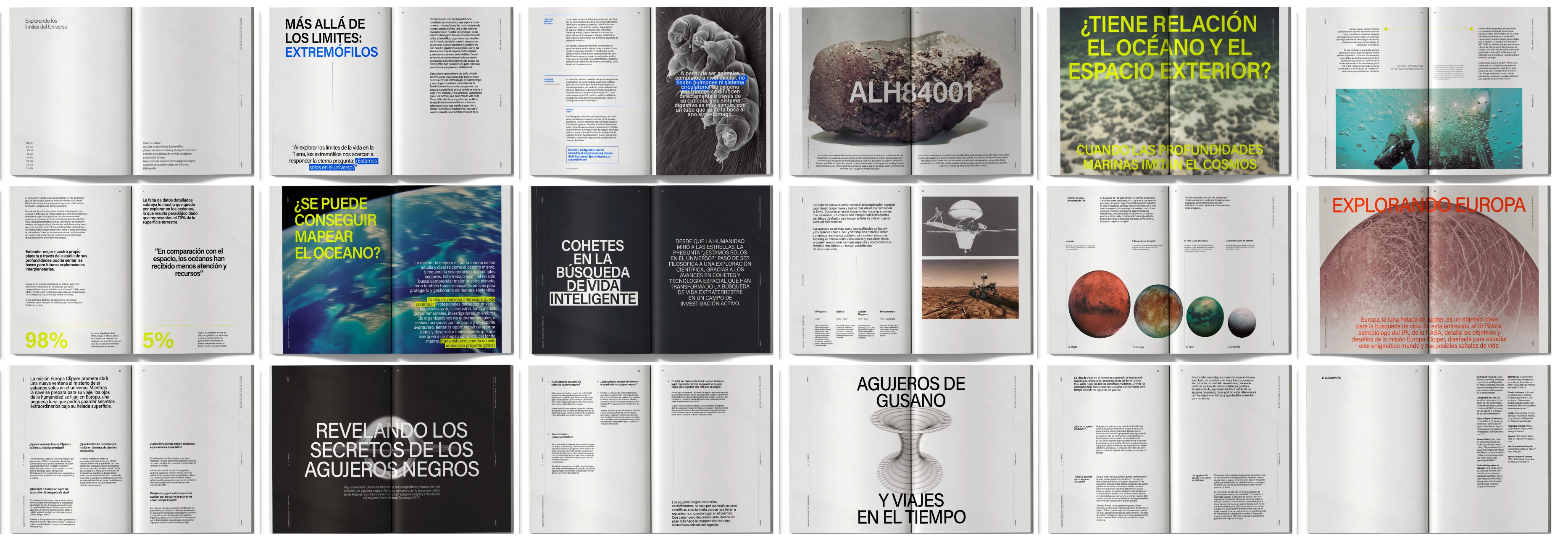 Vista superior de toda la revista en pliegos en 3 filas y 6 columnas