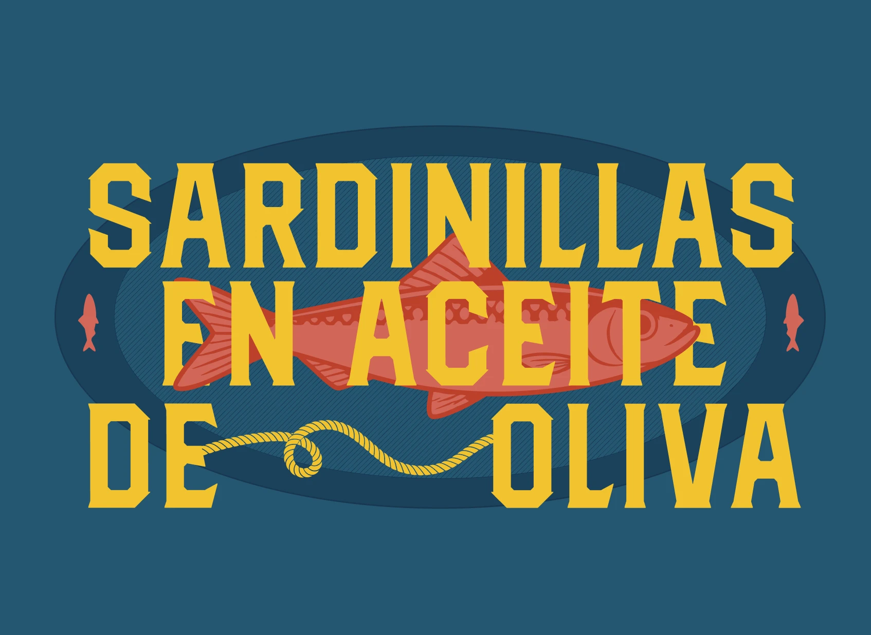 Óvalo con sardinillas y texto SARDINILLAS EN ACEITE DE OLIVA en amarillo sobre fondo azul marino